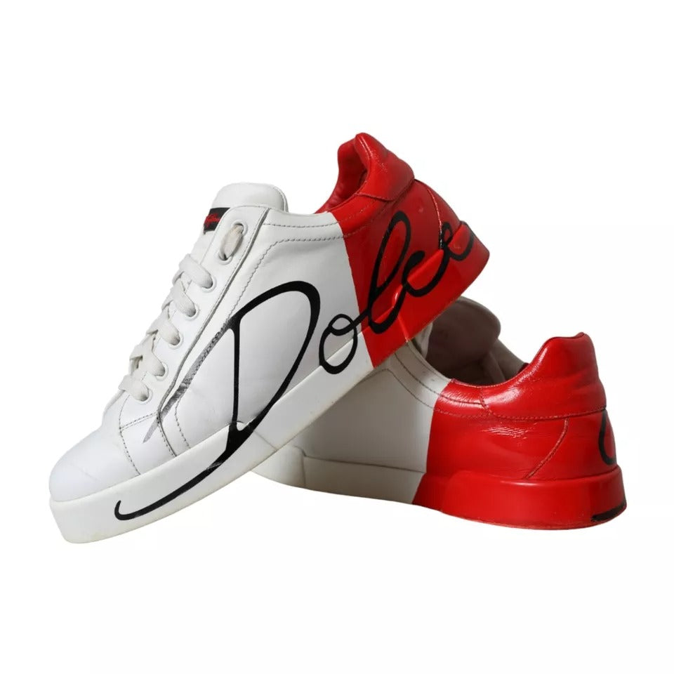 White Red Leather Logo Low Top Sneakers Shoes