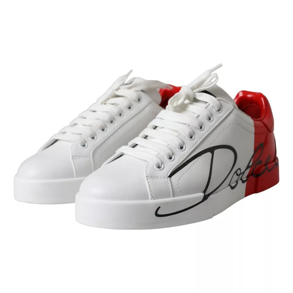 White Red Leather Logo Low Top Sneakers Shoes