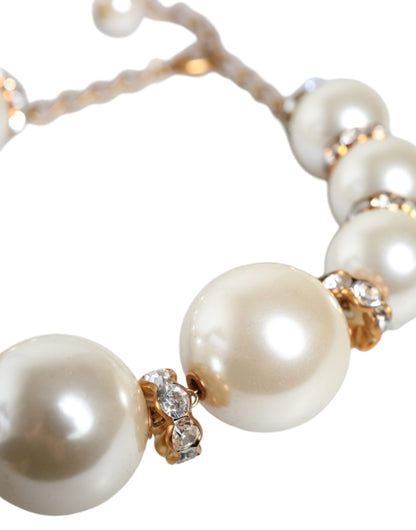 White Maxi Faux Pearl Beads Crystals Gold Chain Necklace