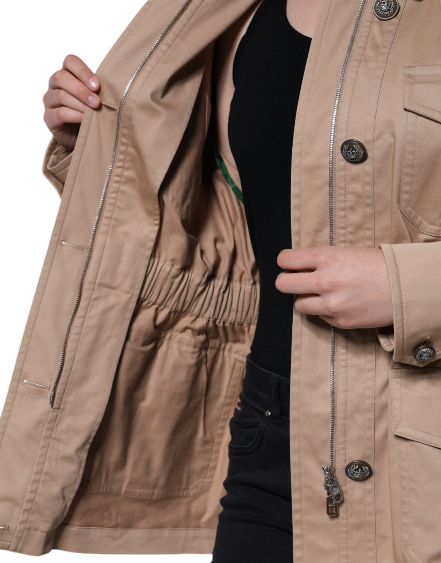 Beige Cotton Long Sleeve Collared Coat Jacket