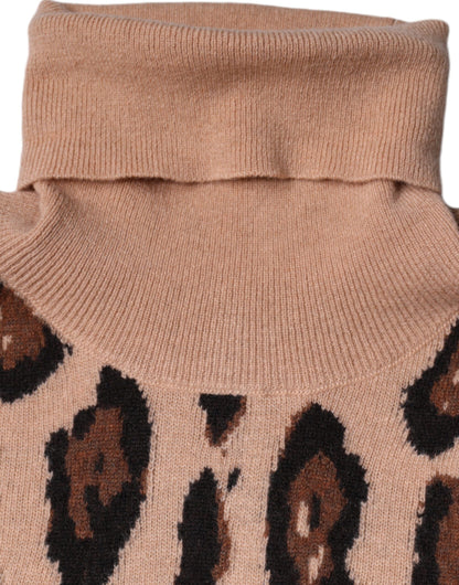 Beige Leopard Print Wool Turtleneck Top