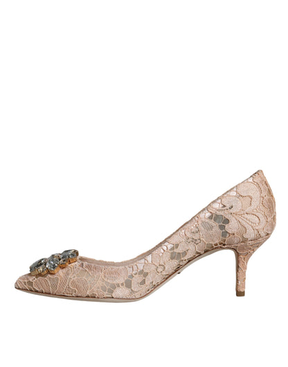 Beige Taormina Lace Crystal Heel Pumps Shoes