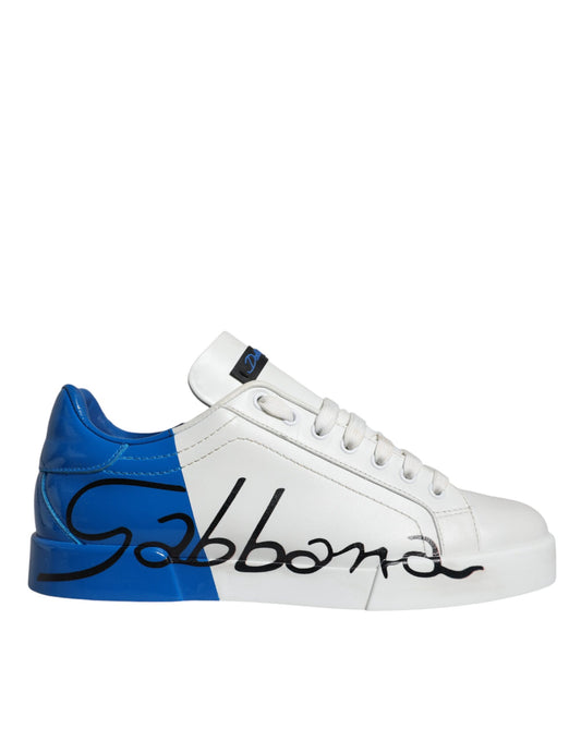 White Blue Leather Logo Low Top Sneakers Shoes