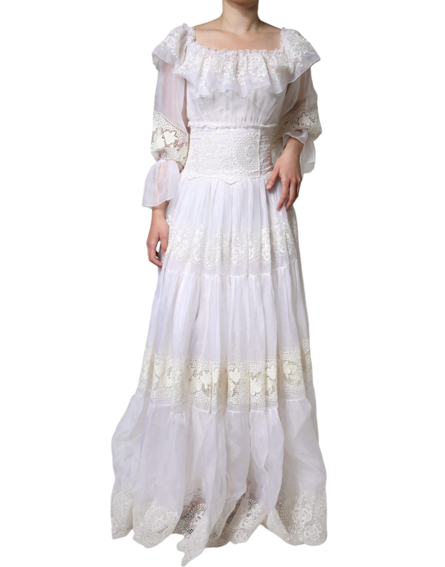 White Floral Lace Corset Cotton Maxi Dress