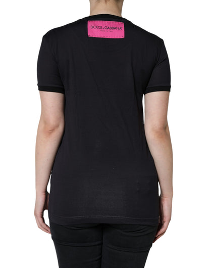 Black Cotton Logo Print Round Neck T-shirt