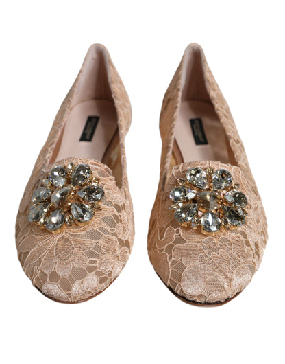 Beige Lace Crystal Ballet Flats Loafers Shoes