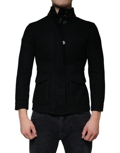 Black Button Down Cotton Stretch Denim Jacket