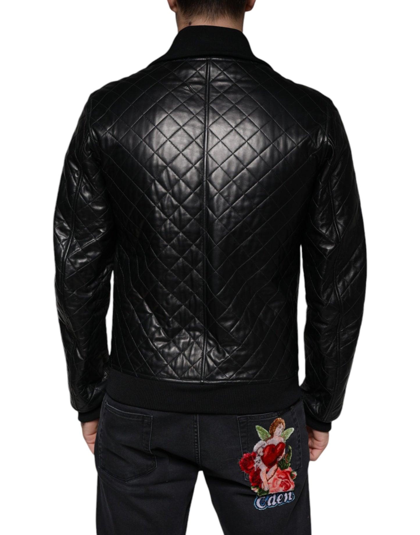 Black Calf Leather Quilted Full Zip Jacket