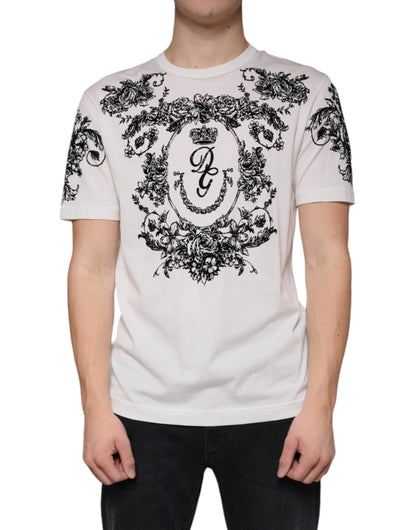 White DG Crown Floral Crew Neck Cotton T-shirt