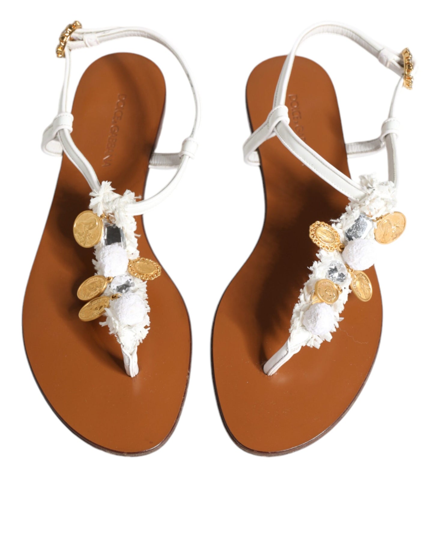 White Leather Coins Flip Flops Sandals Shoes