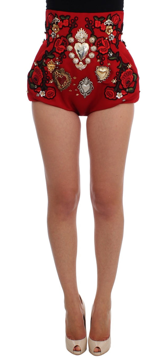 Red Silk Crystal-Embellished Mini Shorts