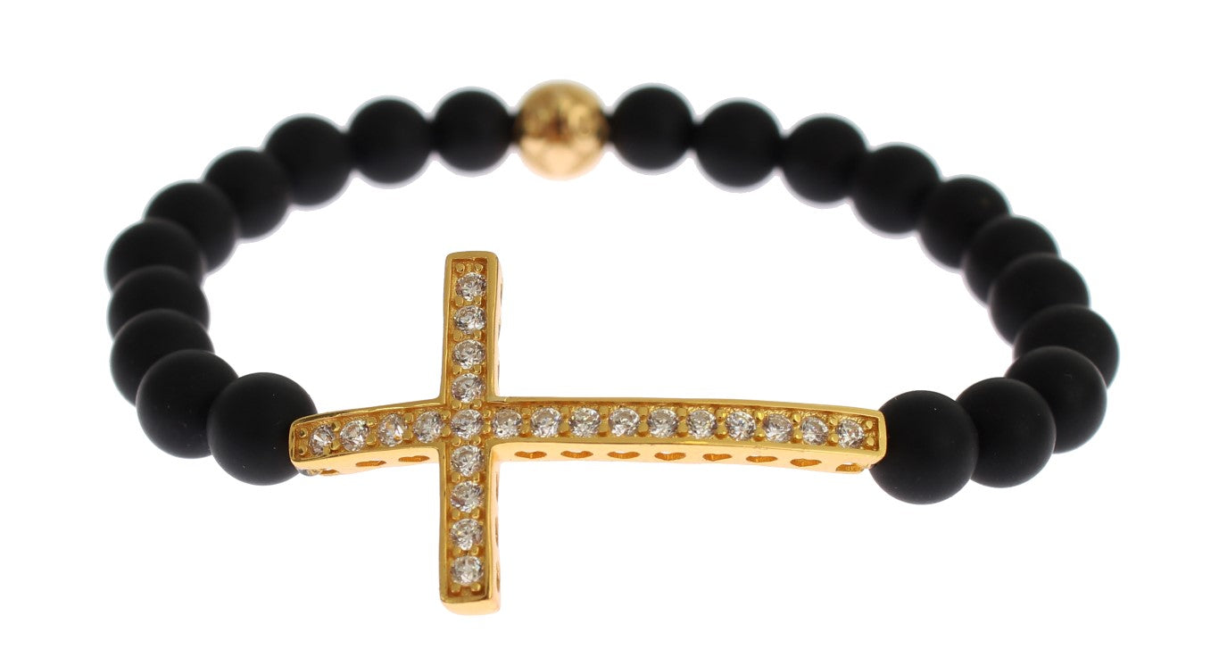 Bracelet en argent 925 avec pierre d'onyx mat et croix CZ en or