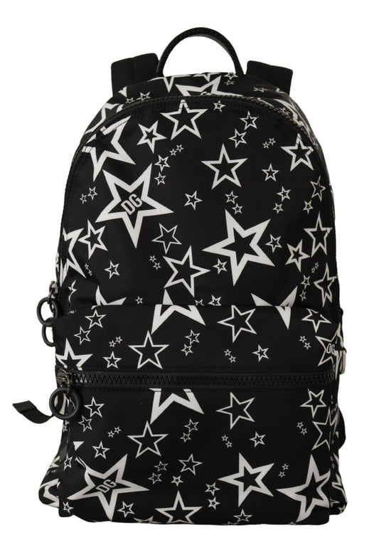 Star Print Designer Backpack - Black Leather & Nylon