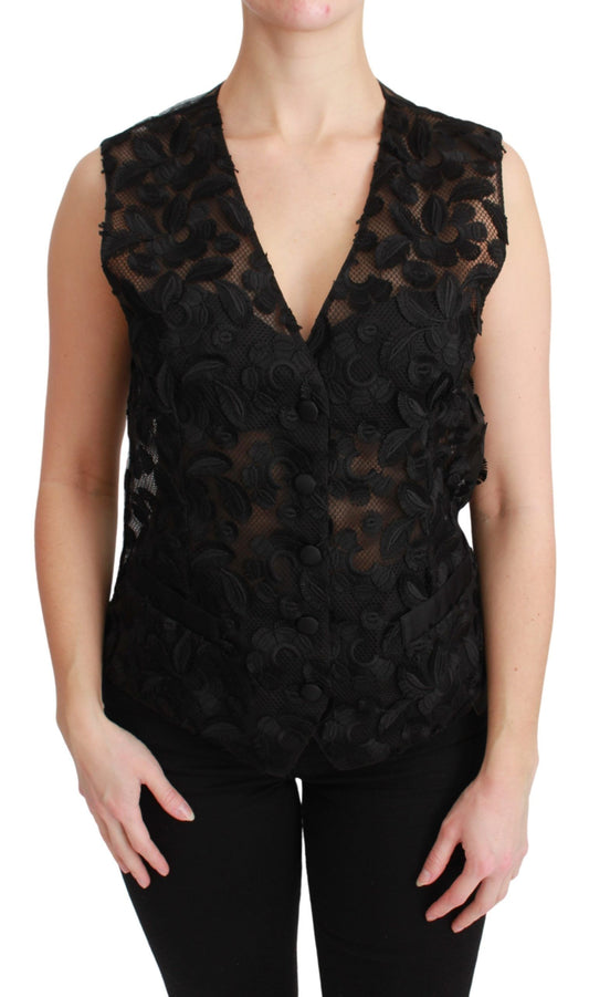 Elegant Floral Black Silk Blend Vest